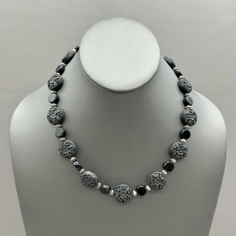 Necklace Black Beaded Carved Floral Round Statement Womens Fashion Jewelry